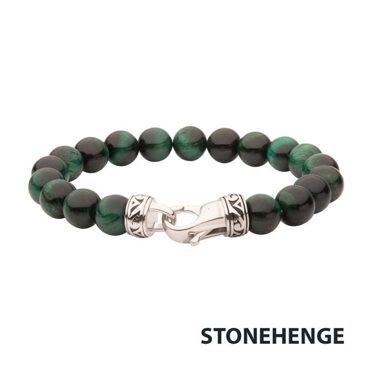 Men’s 10mm Green Tiger Eye Bead Bracelet | Stainless Steel