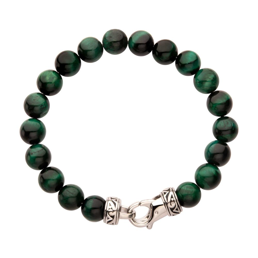 Men’s 10mm Green Tiger Eye Bead Bracelet | Stainless Steel
