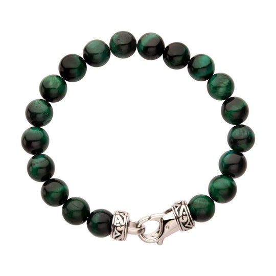Men’s 10mm Green Tiger Eye Bead Bracelet | Stainless Steel