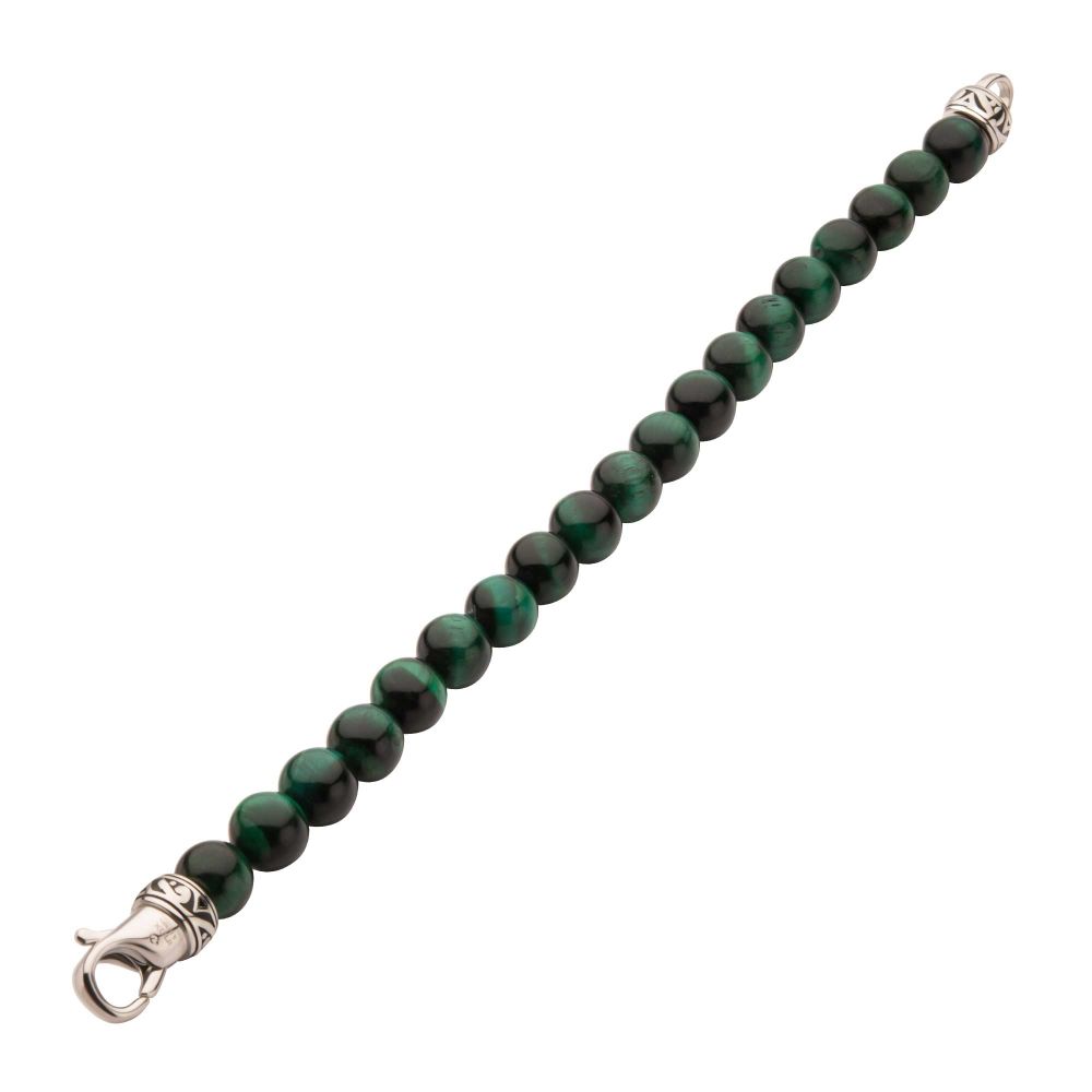 Men’s 10mm Green Tiger Eye Bead Bracelet | Stainless Steel