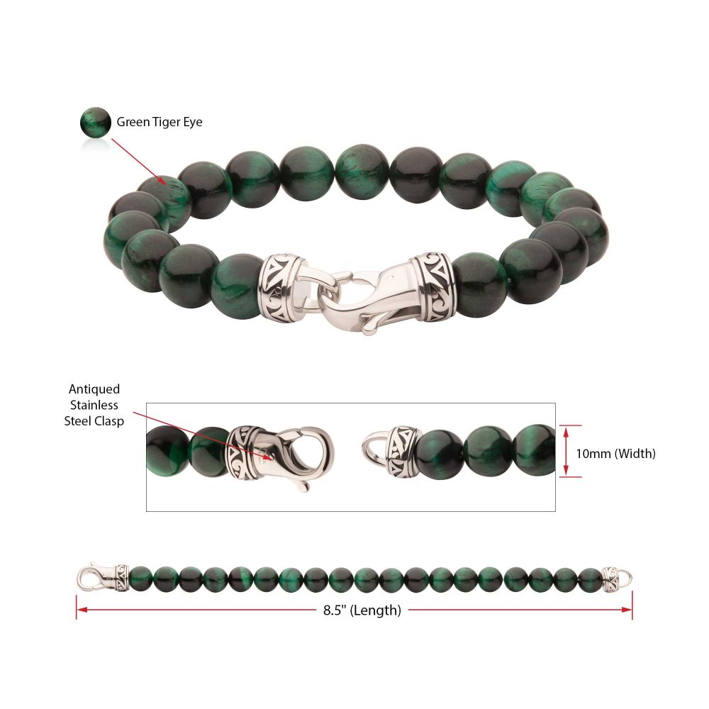 Men’s 10mm Green Tiger Eye Bead Bracelet | Stainless Steel