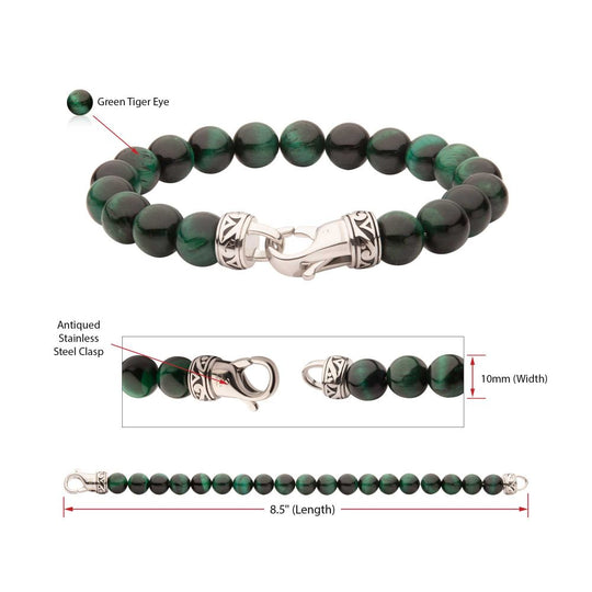 Men’s 10mm Green Tiger Eye Bead Bracelet | Stainless Steel