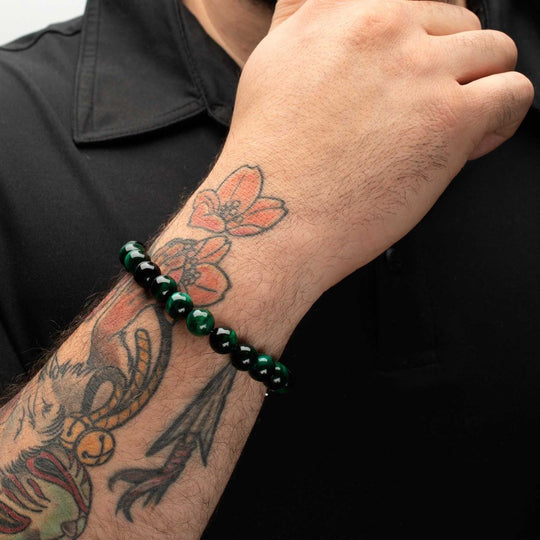 Men’s 10mm Green Tiger Eye Bead Bracelet | Stainless Steel