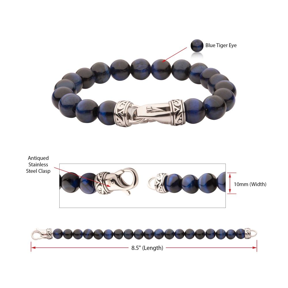 Men's 10mm Blue Tiger Eye Stone Bead Bracelet