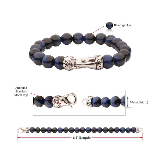 Men's 10mm Blue Tiger Eye Stone Bead Bracelet