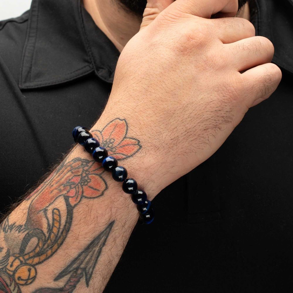 Men's 10mm Blue Tiger Eye Stone Bead Bracelet