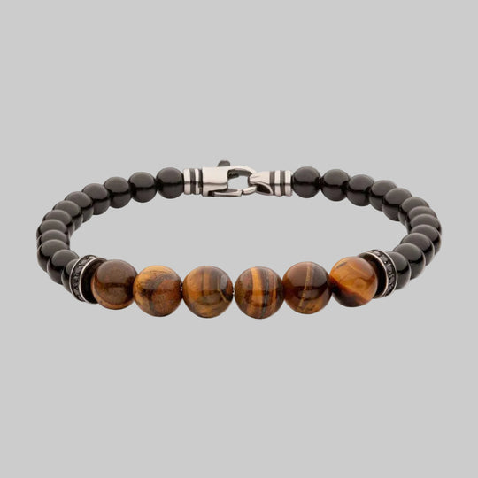 8mm Tiger Eye & Black Onyx Stone Bead Bracelet with Black CZ & Antiqued Stainless Steel Clasp — 8.5" (Copy)