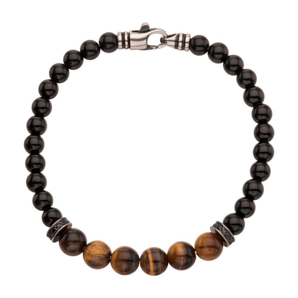 8mm Tiger Eye & Black Onyx Stone Bead Bracelet with Black CZ & Antiqued Stainless Steel Clasp — 8.5" (Copy)