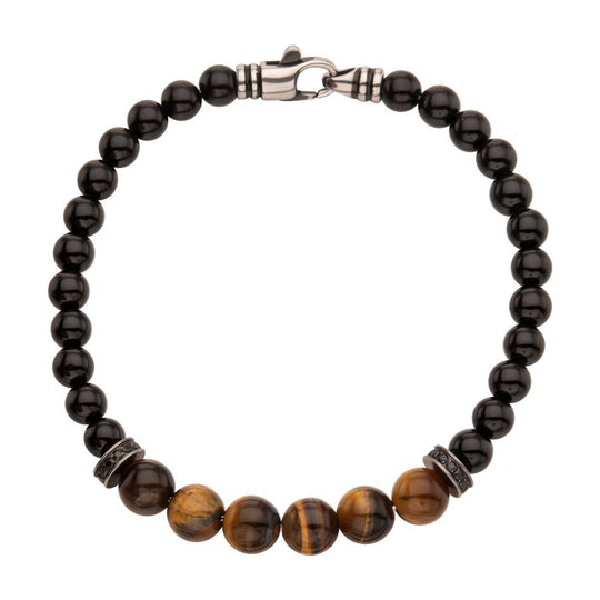8mm Tiger Eye & Black Onyx Stone Bead Bracelet with Black CZ & Antiqued Stainless Steel Clasp — 8.5" (Copy)