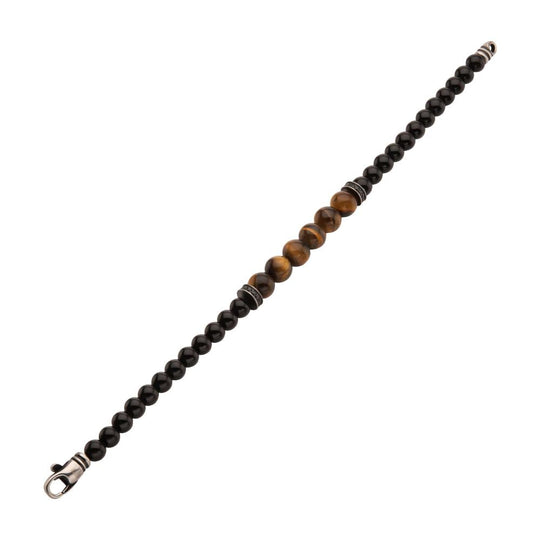 8mm Tiger Eye & Black Onyx Stone Bead Bracelet with Black CZ & Antiqued Stainless Steel Clasp — 8.5" (Copy)