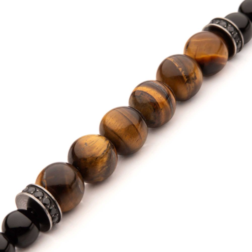 8mm Tiger Eye & Black Onyx Stone Bead Bracelet with Black CZ & Antiqued Stainless Steel Clasp — 8.5" (Copy)