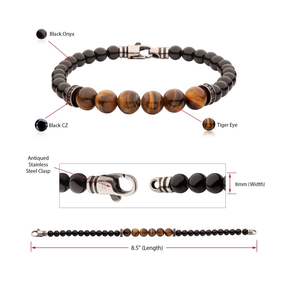 8mm Tiger Eye & Black Onyx Stone Bead Bracelet with Black CZ & Antiqued Stainless Steel Clasp — 8.5" (Copy)