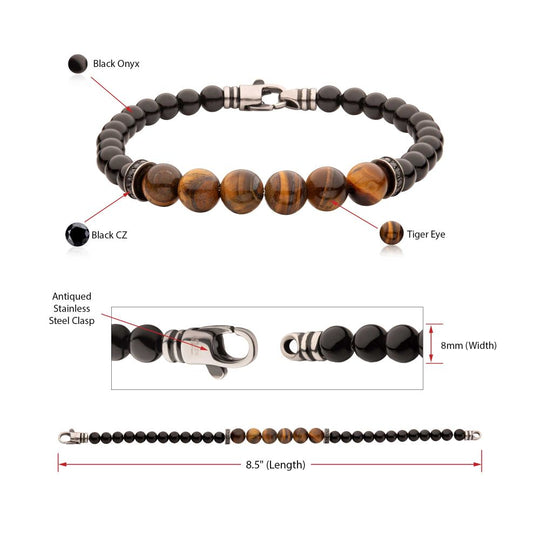8mm Tiger Eye & Black Onyx Stone Bead Bracelet with Black CZ & Antiqued Stainless Steel Clasp — 8.5" (Copy)