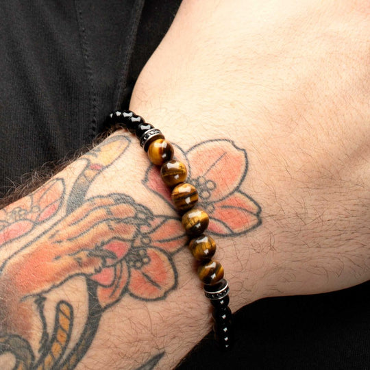 8mm Tiger Eye & Black Onyx Stone Bead Bracelet with Black CZ & Antiqued Stainless Steel Clasp — 8.5" (Copy)