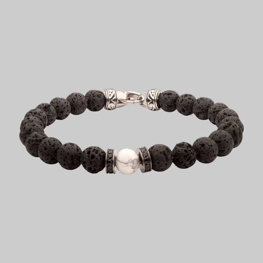 Men’s 8mm Howlite & Lava Stone Bracelet – Black CZ Clasp