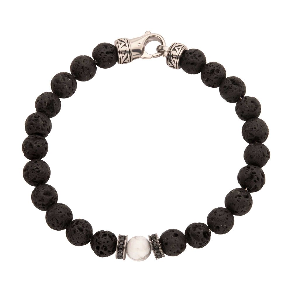 Men’s 8mm Howlite & Lava Stone Bracelet – Black CZ Clasp
