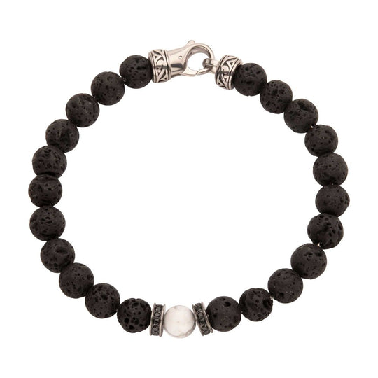 Men’s 8mm Howlite & Lava Stone Bracelet – Black CZ Clasp