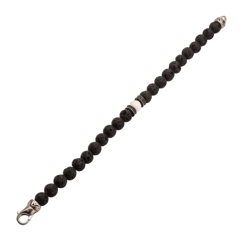 Men’s 8mm Howlite & Lava Stone Bracelet – Black CZ Clasp