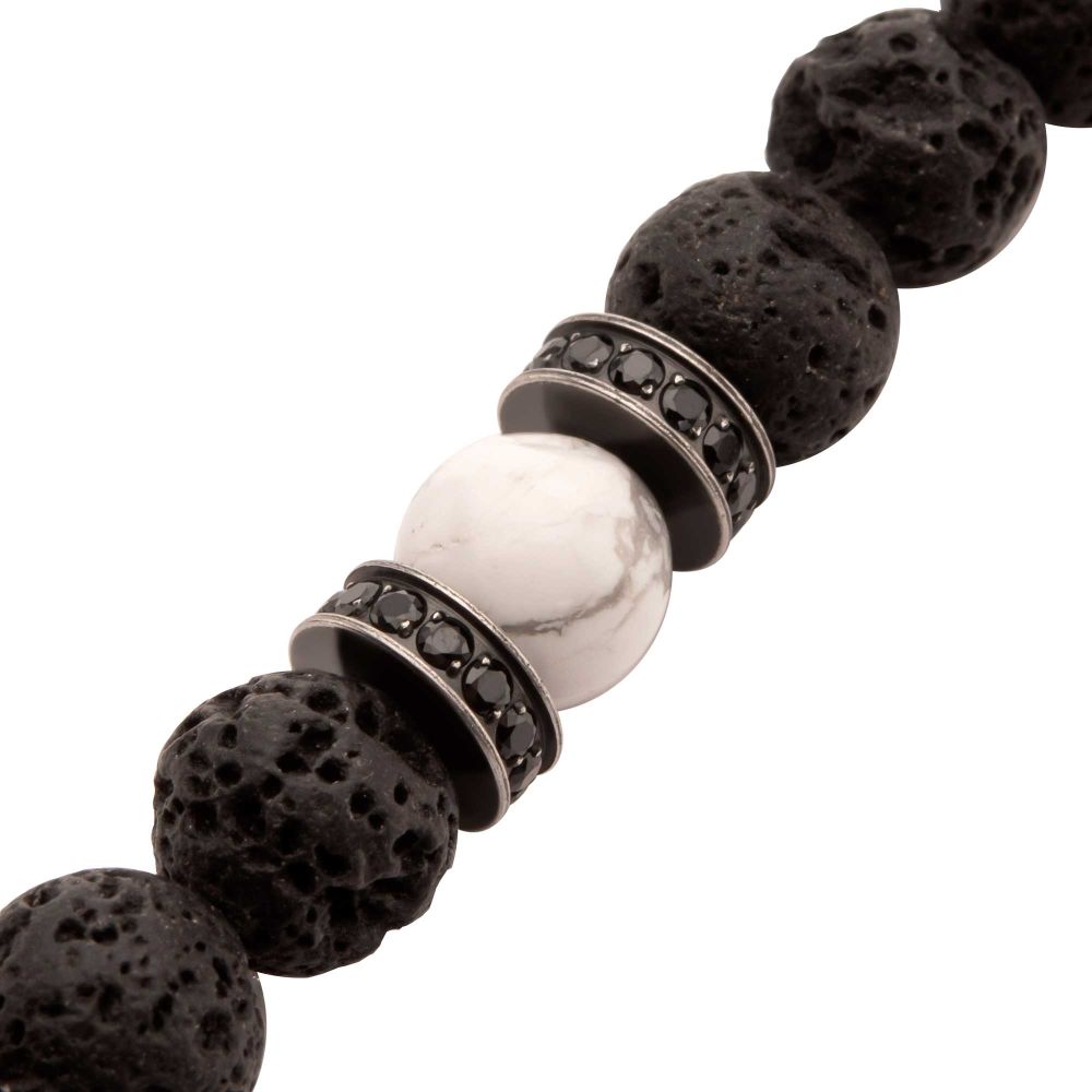 Men’s 8mm Howlite & Lava Stone Bracelet – Black CZ Clasp