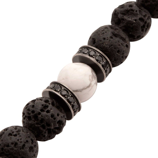 Men’s 8mm Howlite & Lava Stone Bracelet – Black CZ Clasp