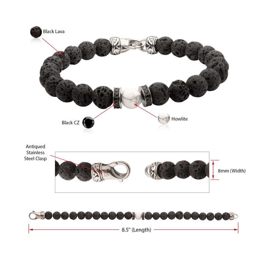 Men’s 8mm Howlite & Lava Stone Bracelet – Black CZ Clasp