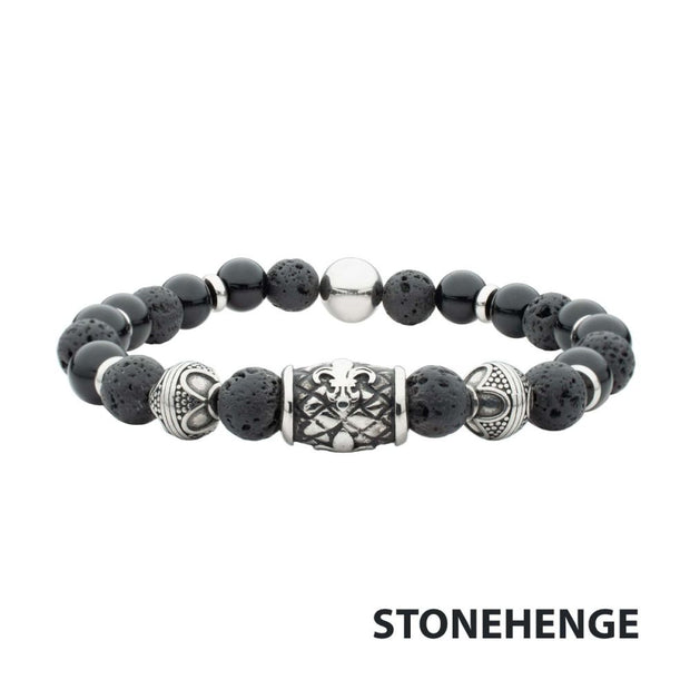 Black Onyx & Lava Stone with Fleur-de-lis Cast Steel Bead Bracelet