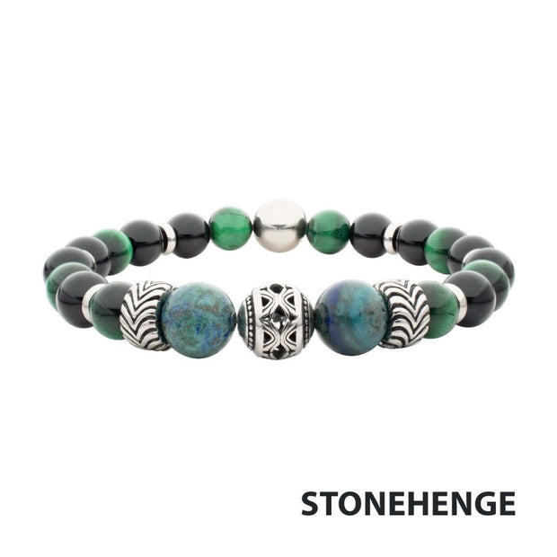 Black Onyx, Green Tiger Eye & Lapis Lazuli Stone with Cast Steel Bead Bracelet