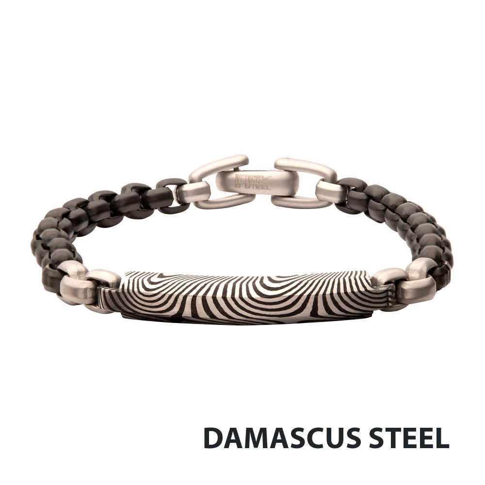 Men's Black IP Steel Box Chain Bracelet with Damascus Steel Plate