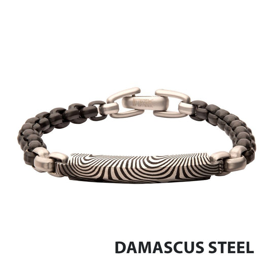 Men's Black IP Steel Box Chain Bracelet with Damascus Steel Plate