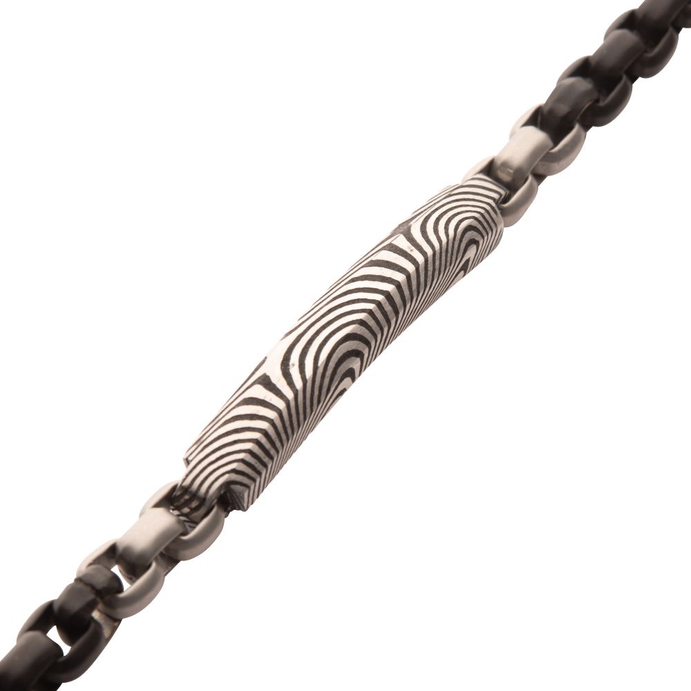 Men's Black IP Steel Box Chain Bracelet with Damascus Steel Plate