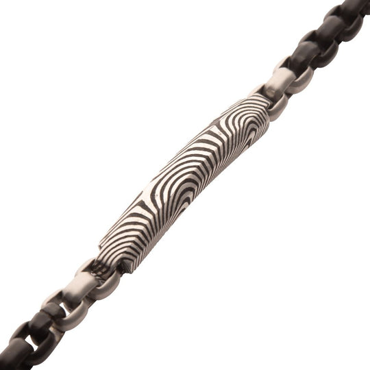 Men's Black IP Steel Box Chain Bracelet with Damascus Steel Plate