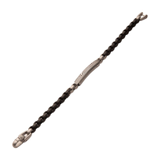 Men's Black IP Steel Box Chain Bracelet with Damascus Steel Plate