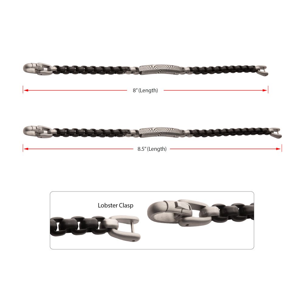 Men's Black IP Steel Box Chain Bracelet with Damascus Steel Plate