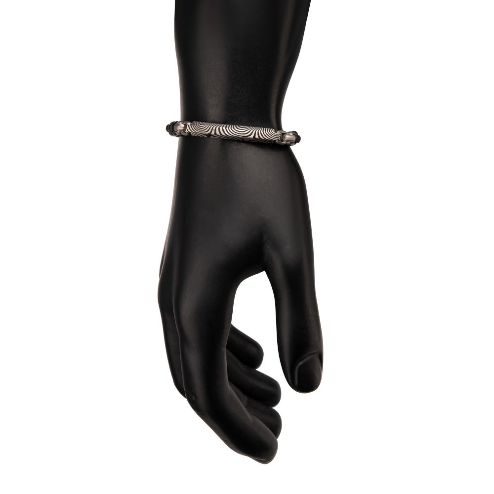 Men's Black IP Steel Box Chain Bracelet with Damascus Steel Plate