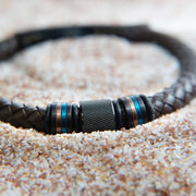Brown Full Grain Cowhide Leather Braided Bracelet with Multicolor Beads with Tubular Press Clasp