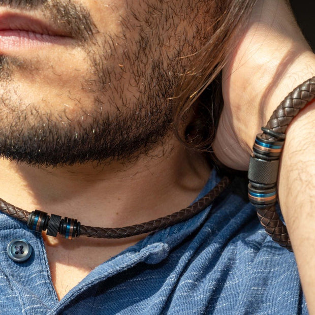 Brown Full Grain Cowhide Leather Braided Bracelet with Multicolor Beads with Tubular Press Clasp