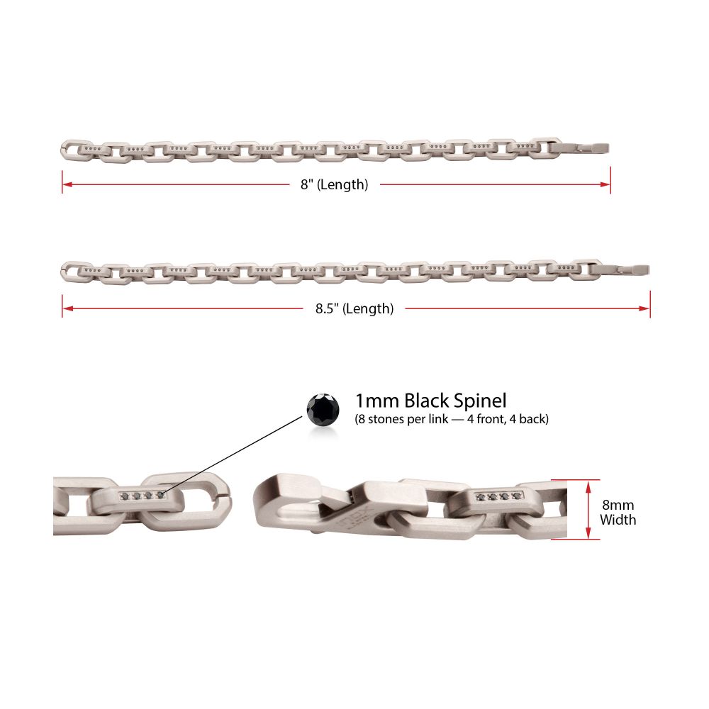Men's 8mm Matte Stainless Steel Interlock Link Bracelet with Black Spinel