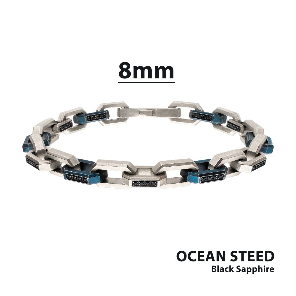 Men's Matte Blue Paper Clip Chain Bracelet with Black Sapphire