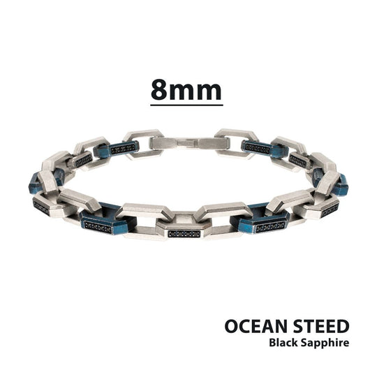 Men's Matte Blue Paper Clip Chain Bracelet with Black Sapphire