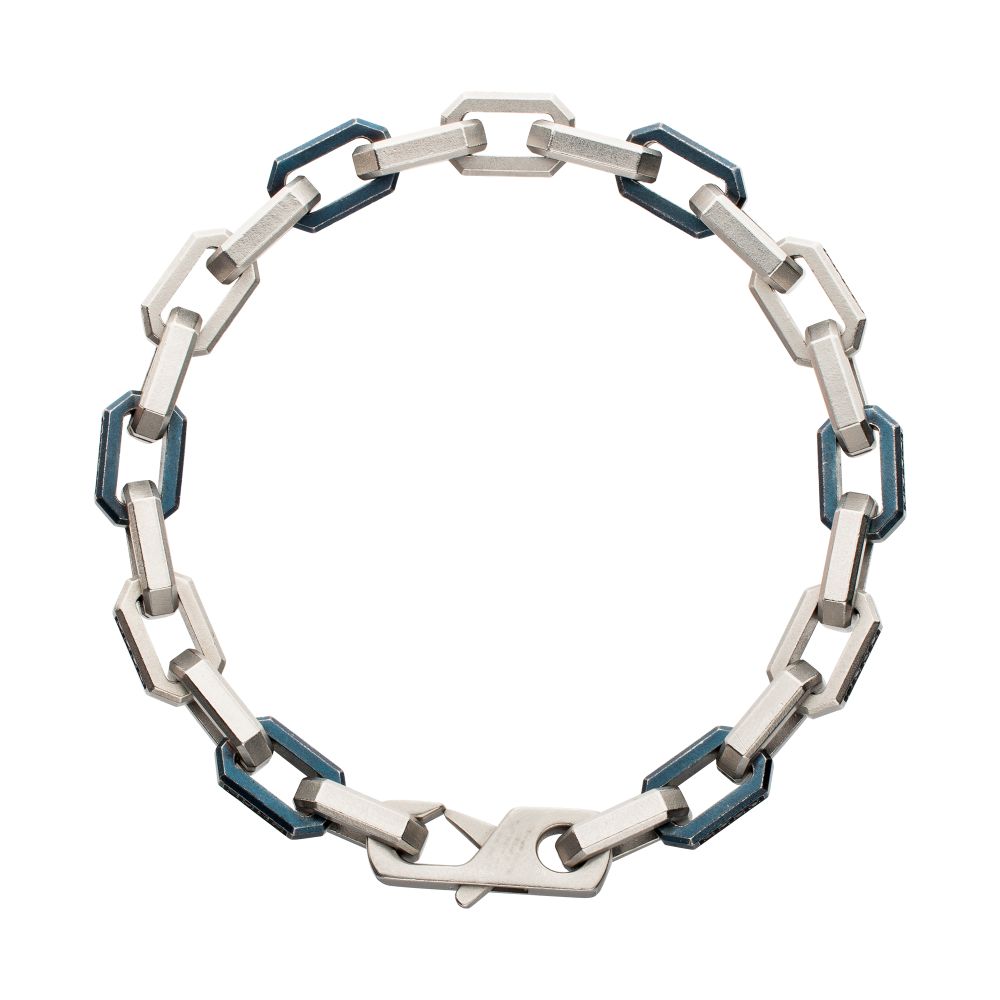 Men's Matte Blue Paper Clip Chain Bracelet with Black Sapphire