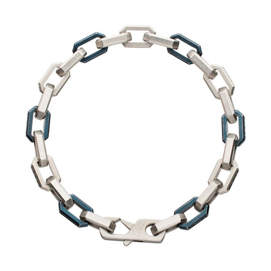 Men's Matte Blue Paper Clip Chain Bracelet with Black Sapphire