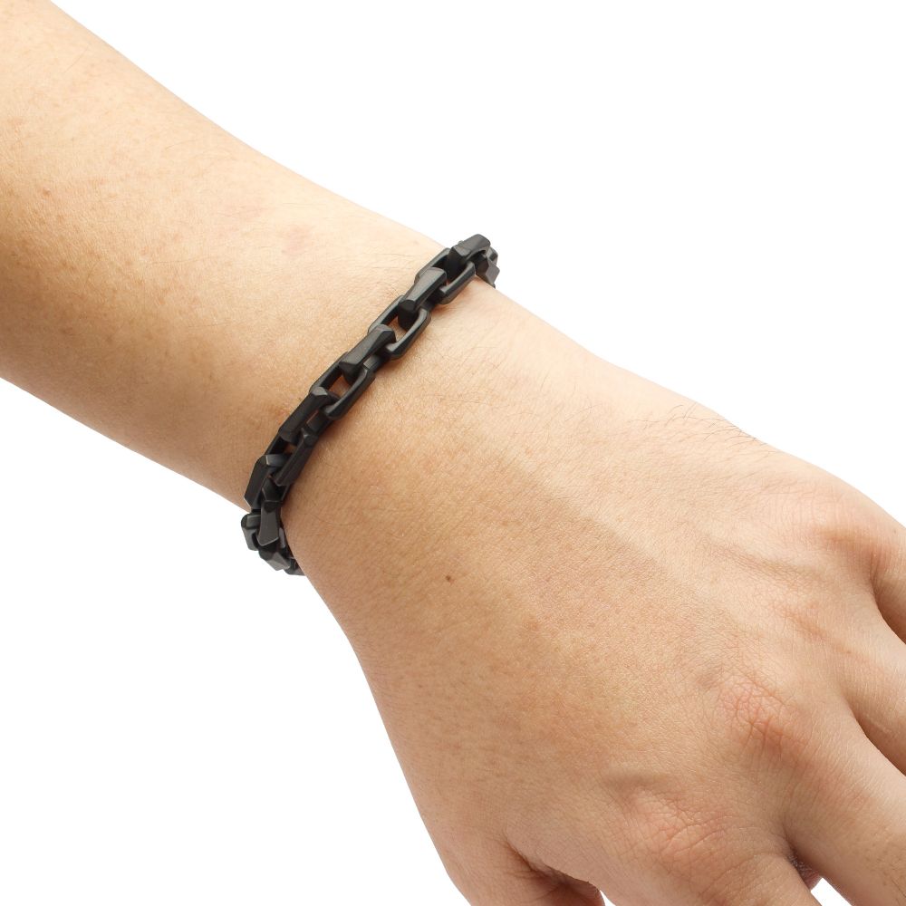 Men's Black IP Steel Interlock Link Bracelet with Black Spinel