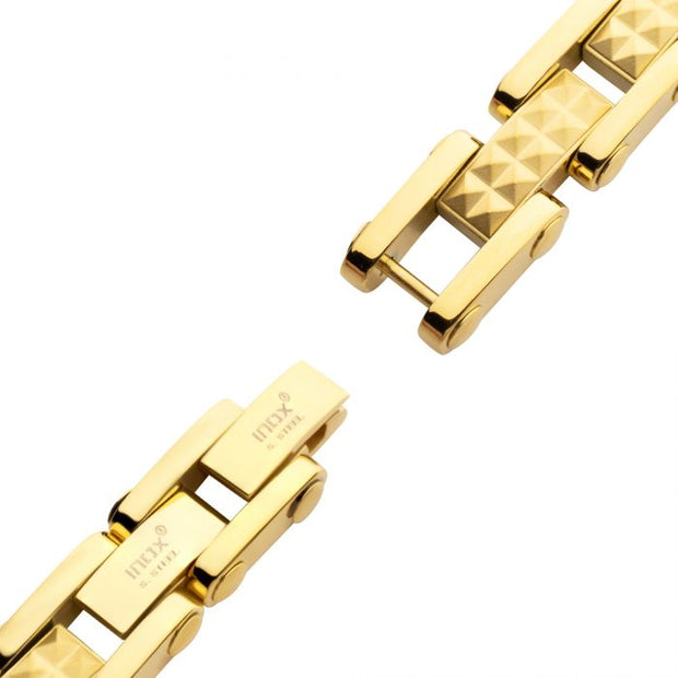 18Kt Gold IP Steel with Matte Finish Pyramid Stud Pattern & High Polished Finish Link Bracelet