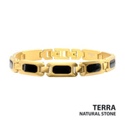 Men's 18Kt Gold IP Black Onyx & Tiger Eye Link Bracelet | Size Adjustable Stainless Steel