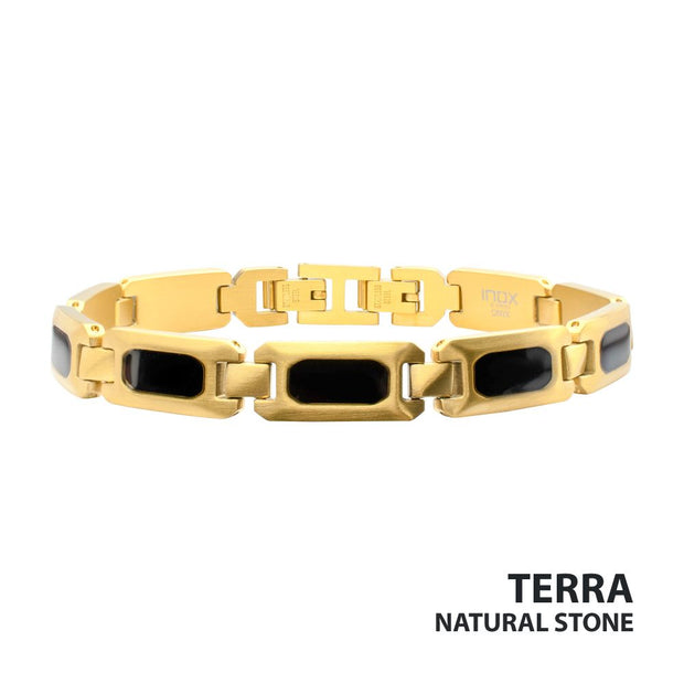 Men's 18Kt Gold IP Black Onyx & Tiger Eye Link Bracelet | Size Adjustable Stainless Steel