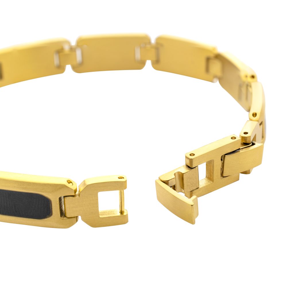 Men's 18Kt Gold IP Black Onyx & Tiger Eye Link Bracelet | Size Adjustable Stainless Steel