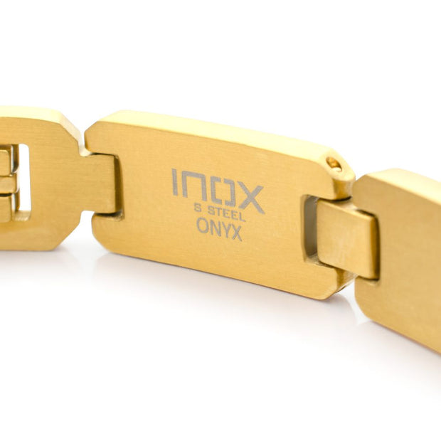 Men's 18Kt Gold IP Black Onyx & Tiger Eye Link Bracelet | Size Adjustable Stainless Steel