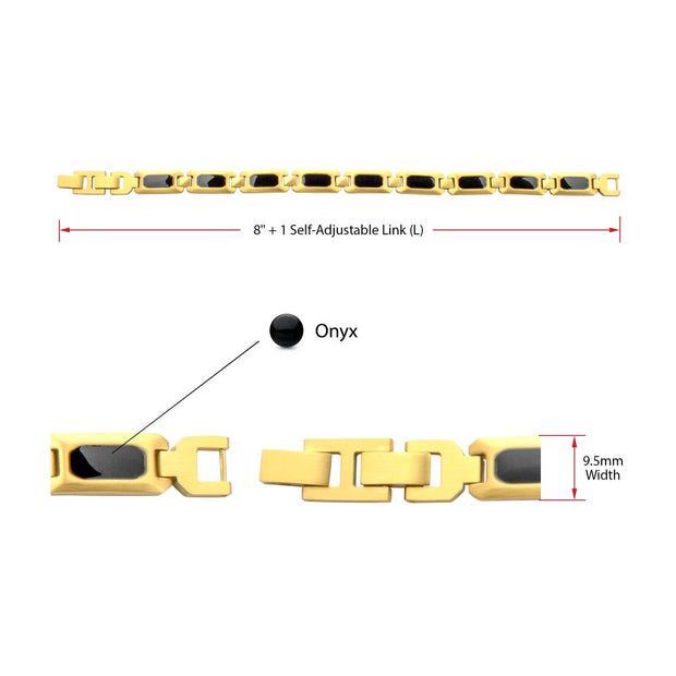 Men's 18Kt Gold IP Black Onyx & Tiger Eye Link Bracelet | Size Adjustable Stainless Steel