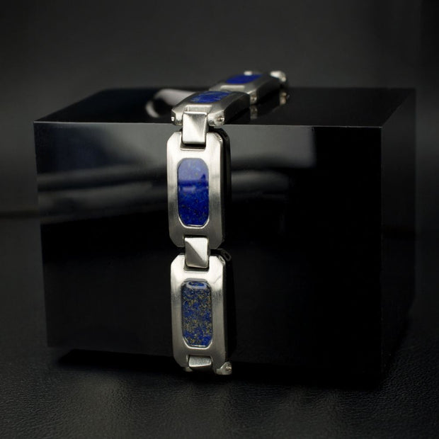 Matte Finish Stainless Steel Lapis Lazuli Stone Inlay Sizeable Link Bracelet