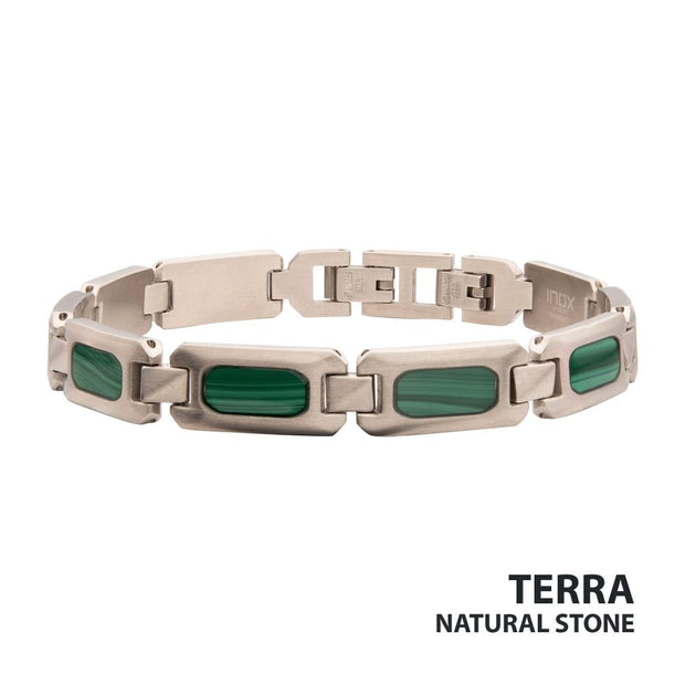 Matte Finish Stainless Steel Malachite Stone Inlay Sizeable Link Bracelet